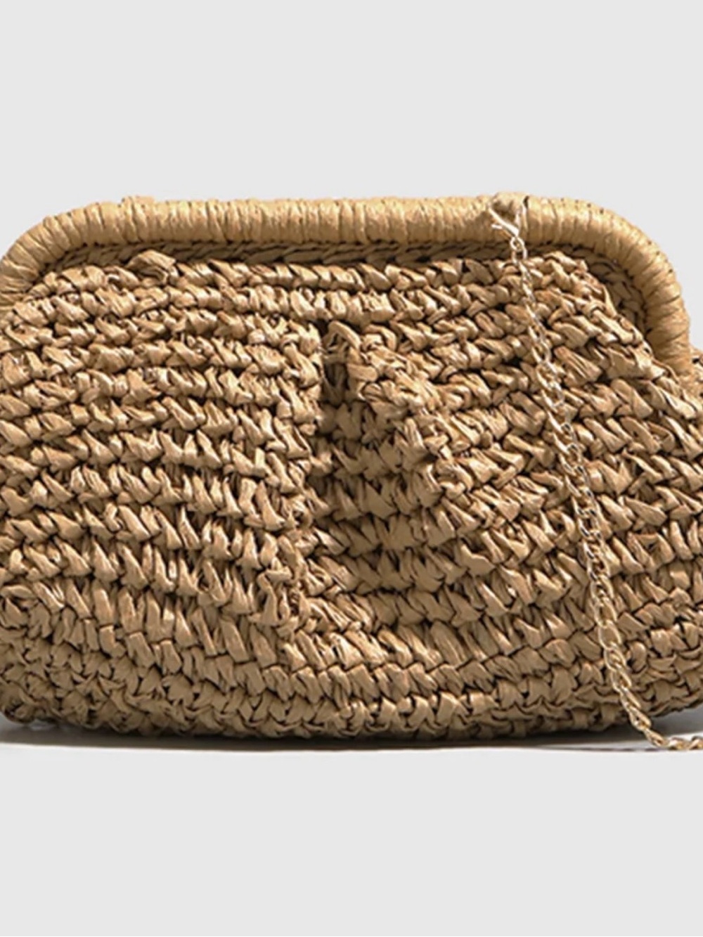 Commense Straw Woven Clutch in Tan with Chain Strap